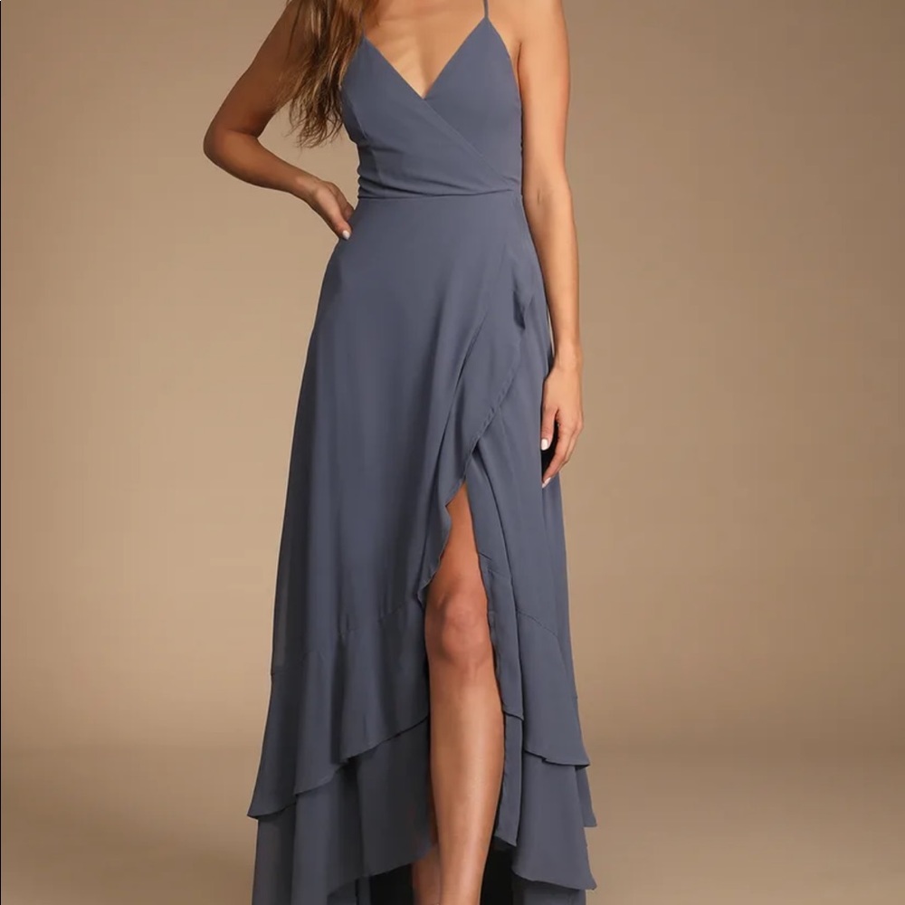 Lulus In Love Forever Granite Blue Lace-Up High-Low Maxi Dress